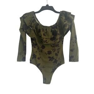 NWT Polly & Esther Green Floral Bodysuit Ruffle Neck Size Small